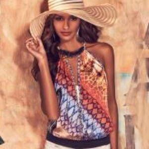 BEBE Stylish Multicolor Halter Top Red Blue Halter 100% Polyester Gold Necklace